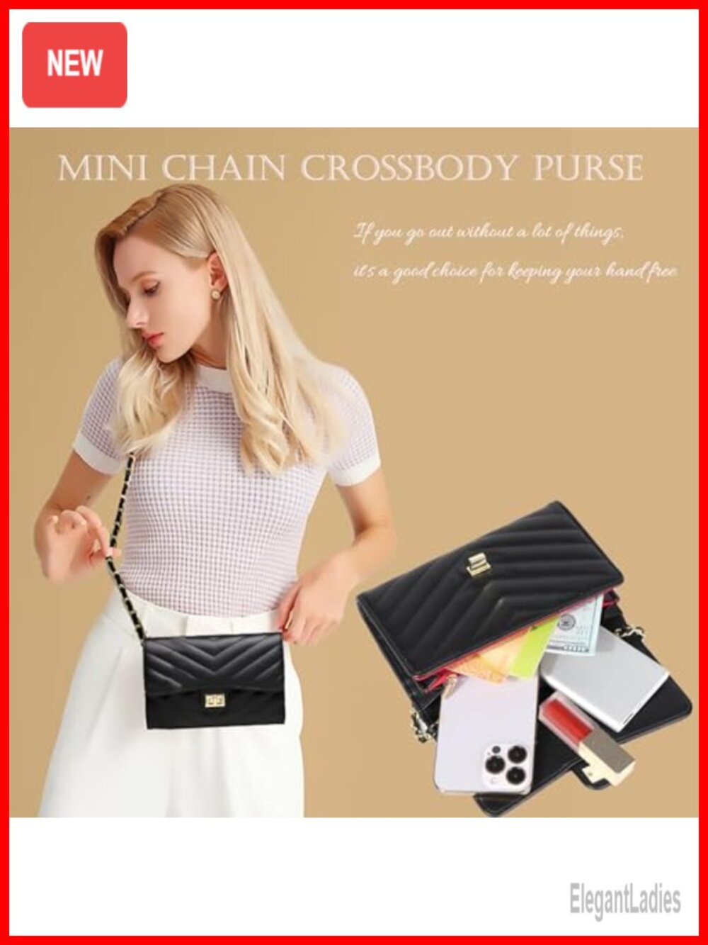 Small Leather Crossbody Bag Purse with Chain Strap, Card Slots, Credit Card